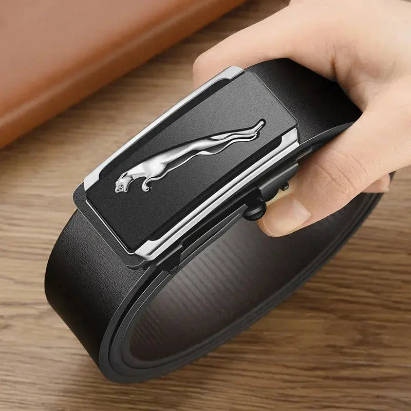 Men's silver automatic buckle belt by Jungle Line featuring a flying leopard design on a 120cm strap.