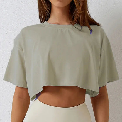 Cotton Women Short Sleeve Dance Running Clothes Yoga Fitness Crop Top  Navel Baring New Sport T-shirt Loose Gym Workout Shirts - Jungle Line