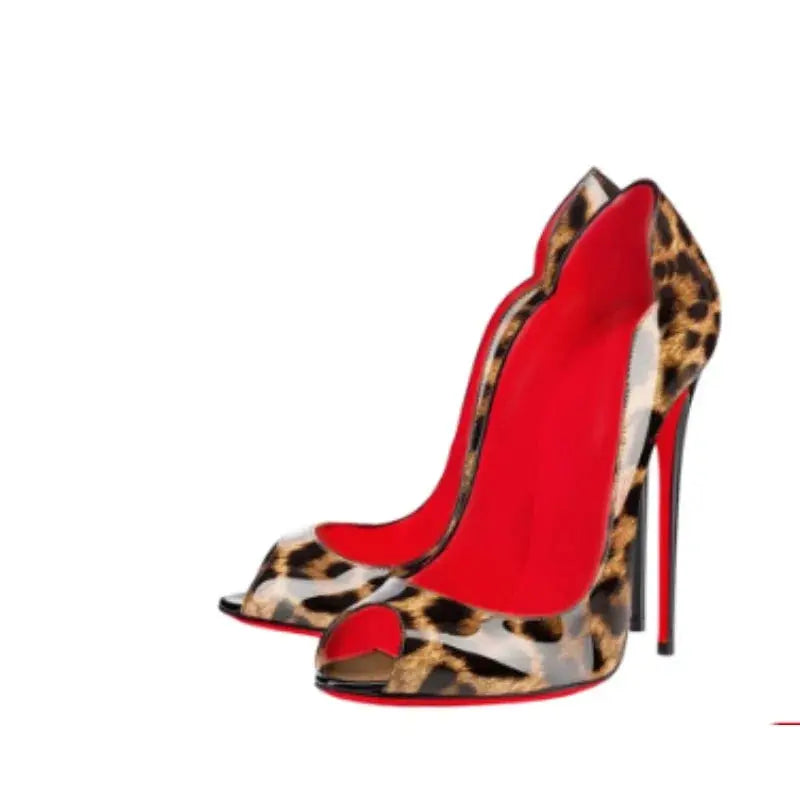 New leopard print fish mouth patent leather12cm high heels,slim heels,pointed toes,shallow mouth,party sexy fashion womens shoes - Jungle Line