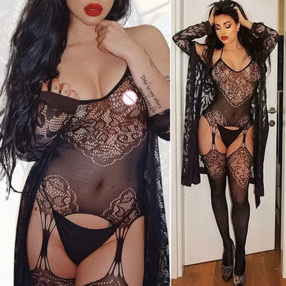 Leopard Silk Sexy Lingerie Women Body Stocking Underwear Cosplay 18 Lingerie Clothing Fishnet Bodysuit Open Crotch Bodystockings - Jungle Line