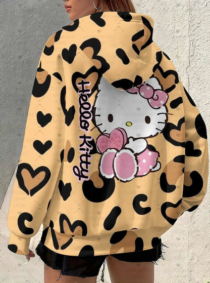Sweat à Capuche Femme Léopard Hello Kitty - Style Graphique Polyvalent - Jungle Line