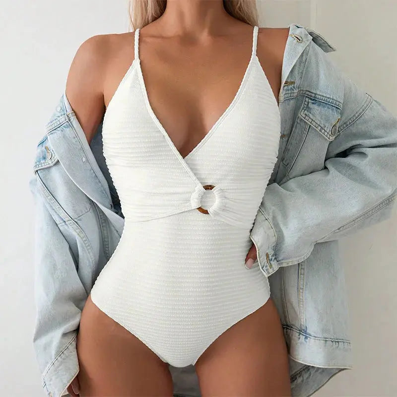 One Piece Swimsuit Deep V Neck Bodysuit Solid Color Suspender Bikini Women's Swimsuit Bathing Suit Beach Outfits Swimwear - Jungle Line