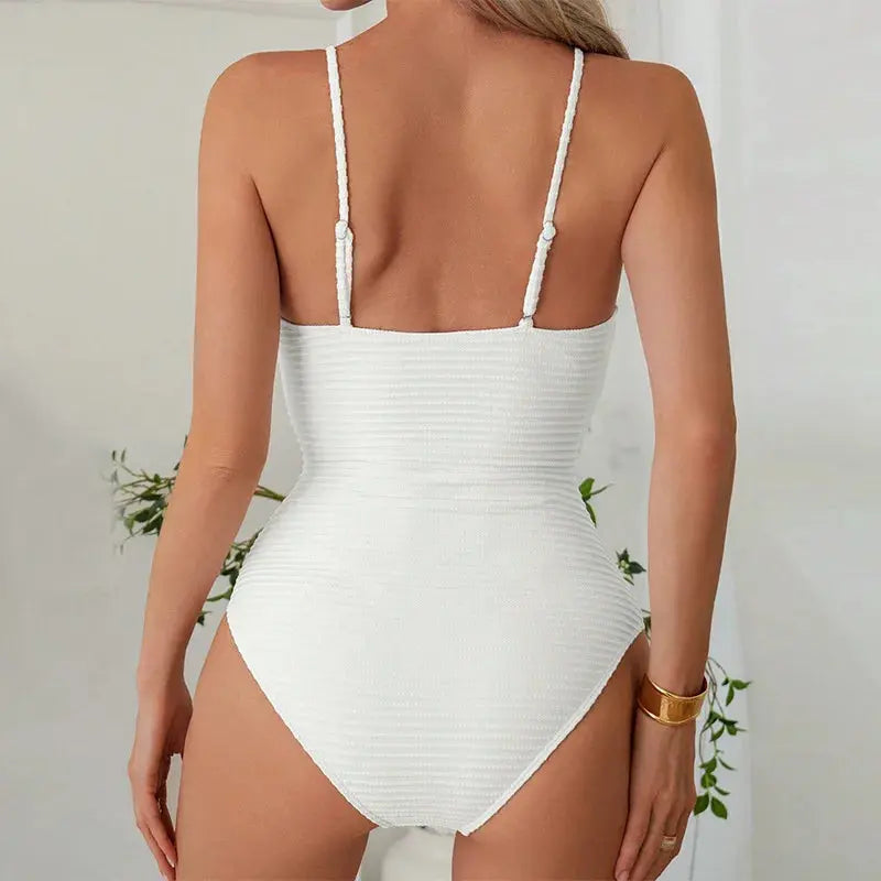 One Piece Swimsuit Deep V Neck Bodysuit Solid Color Suspender Bikini Women's Swimsuit Bathing Suit Beach Outfits Swimwear - Jungle Line
