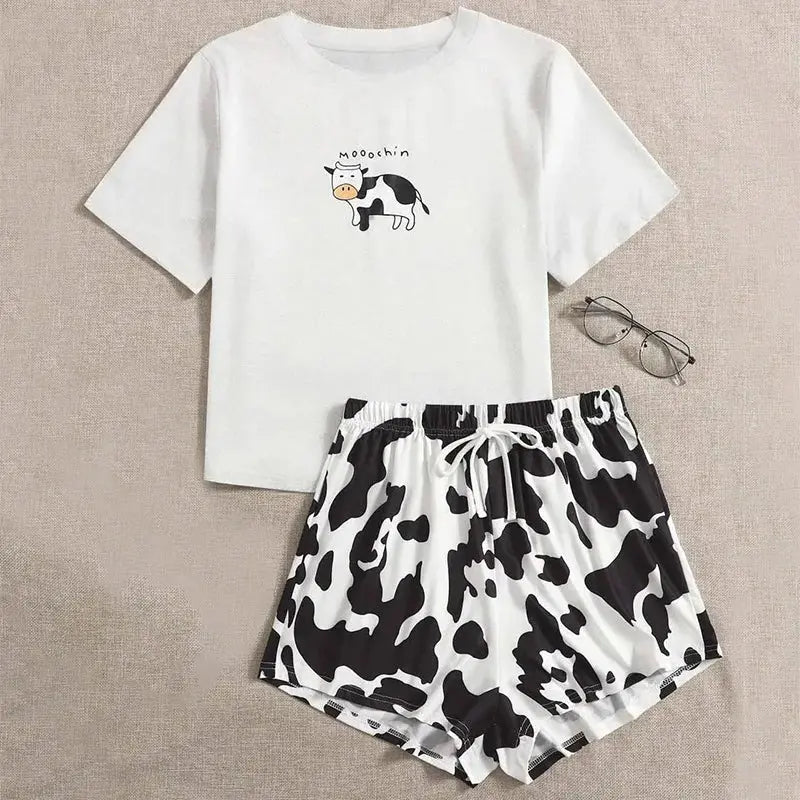 Cow Leopard Women's Pajamas Short Sleeves O Neck - Jungle Line