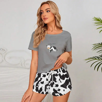 Cow Leopard Women's Pajamas Short Sleeves O Neck - Jungle Line