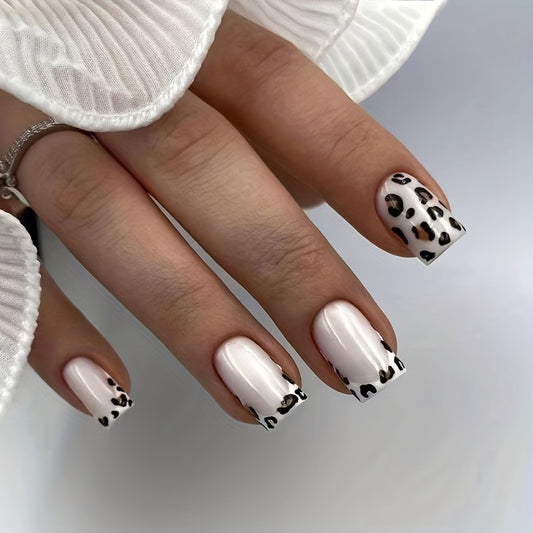 Leopard Print Press On Nails, Short Square Glue On Nails, Glossy Fake Nails For Women And Girls, 24 Pcs - Jungle Line