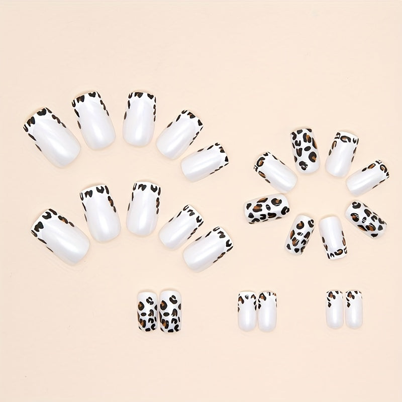 Leopard Print Press On Nails, Short Square Glue On Nails, Glossy Fake Nails For Women And Girls, 24 Pcs - Jungle Line