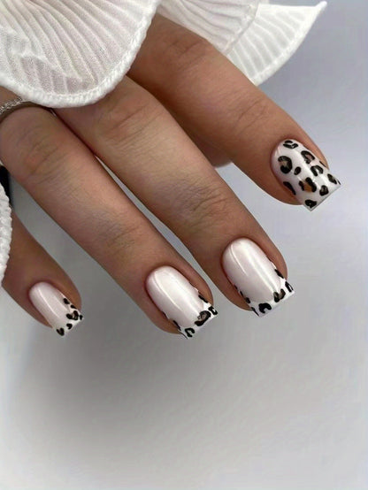 Leopard Print Press On Nails, Short Square Glue On Nails, Glossy Fake Nails For Women And Girls, 24 Pcs - Jungle Line