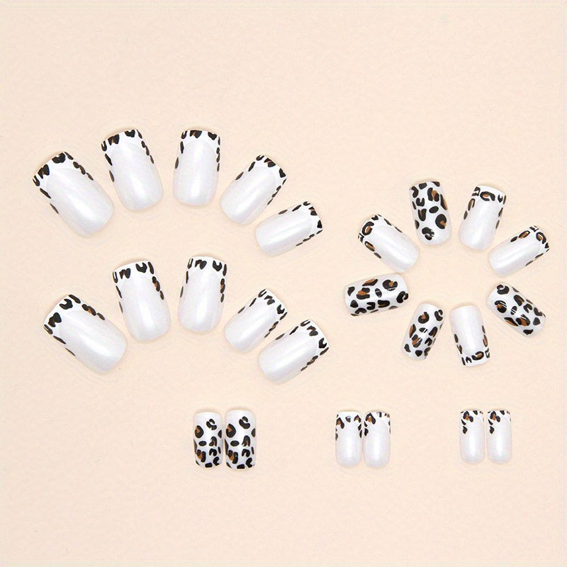 Leopard Print Press On Nails, Short Square Glue On Nails, Glossy Fake Nails For Women And Girls, 24 Pcs - Jungle Line