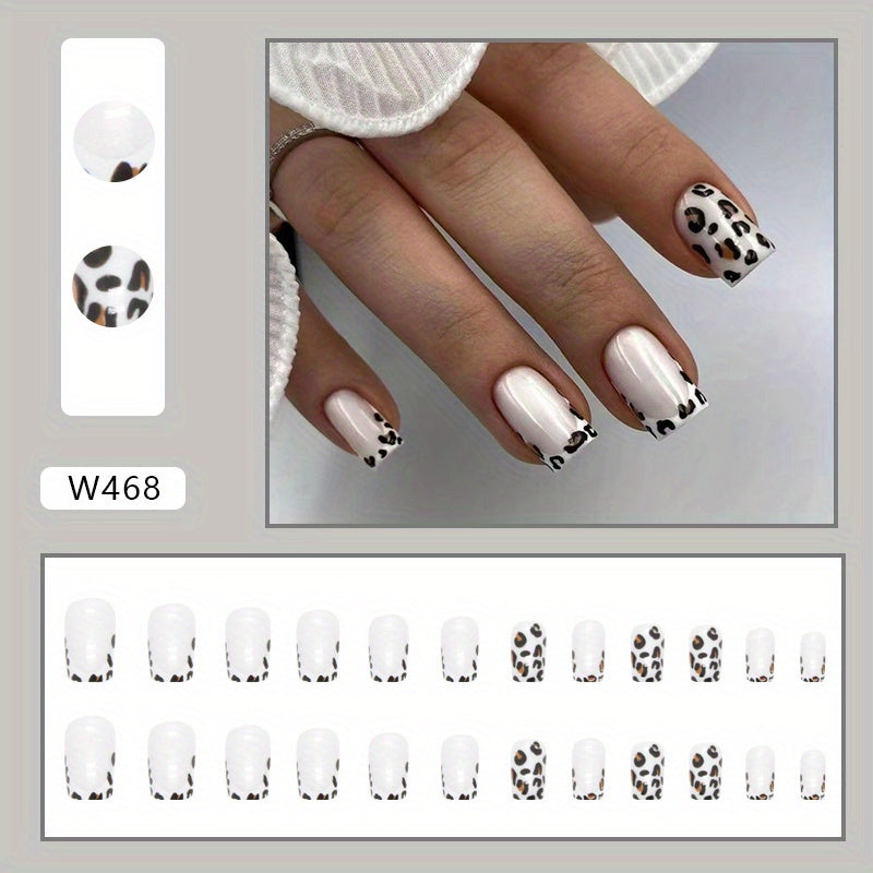 Leopard Print Press On Nails, Short Square Glue On Nails, Glossy Fake Nails For Women And Girls, 24 Pcs - Jungle Line