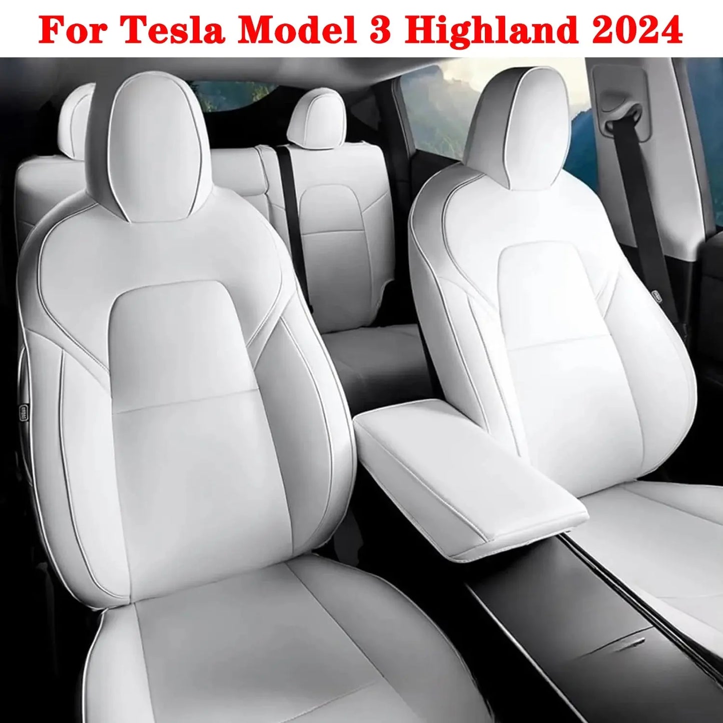 Jungle Line white Nappa leather seat covers for Tesla Model 3 Highland 2024, showing front and rear seat details.