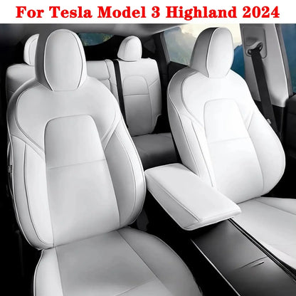 Jungle Line white Nappa leather seat covers for Tesla Model 3 Highland 2024, showing front and rear seat details.