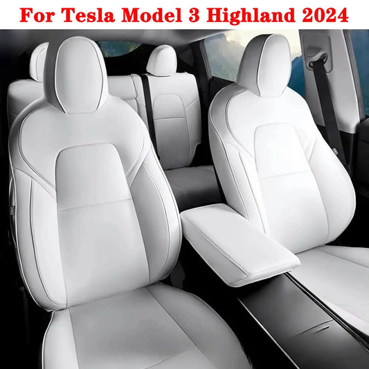 Jungle Line white Nappa leather seat covers for Tesla Model 3 Highland 2024, showing front and rear seat details.