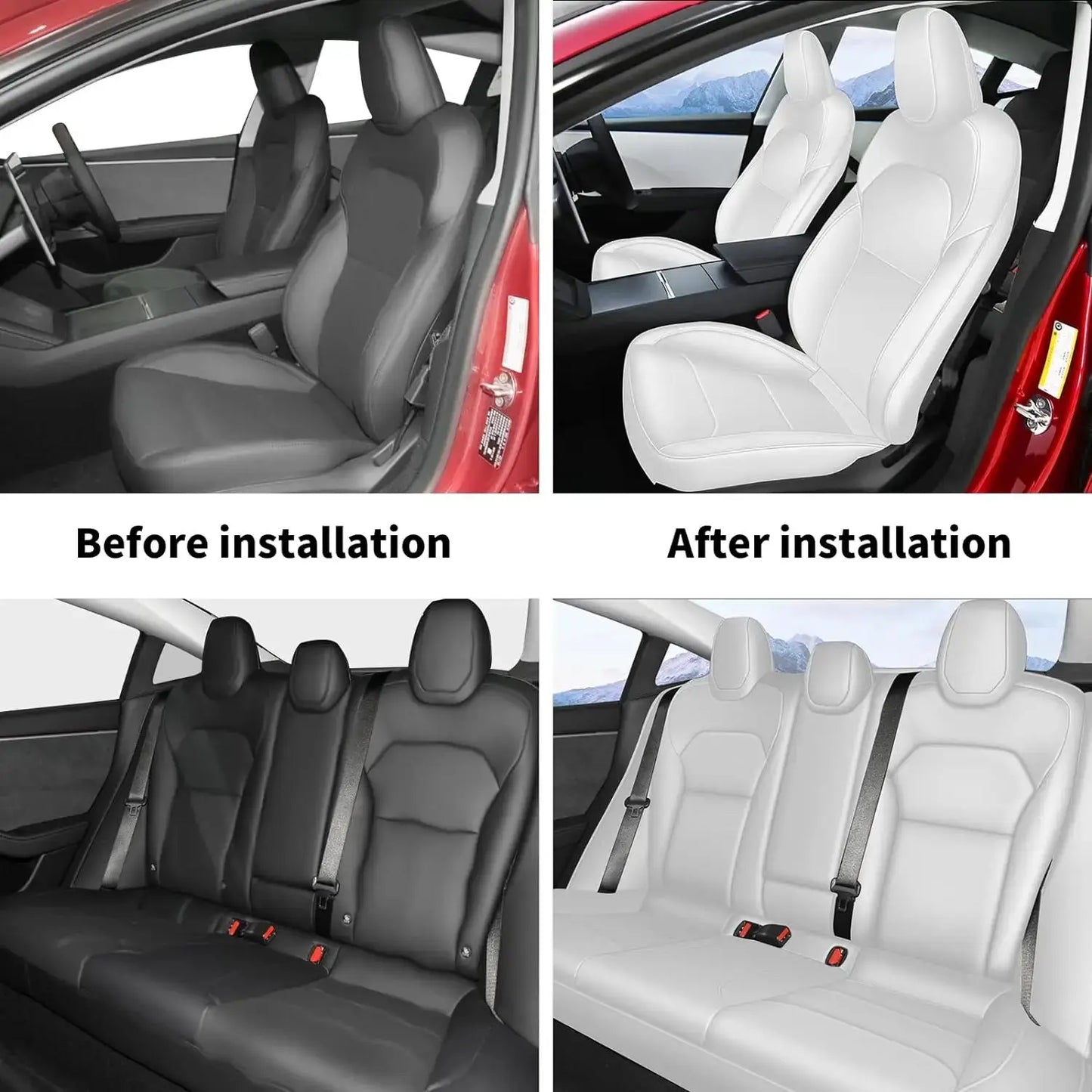 Jungle Line white Nappa leather seat covers for Tesla Model 3 Highland 2024, showing fitted front seats with detailed stitching.