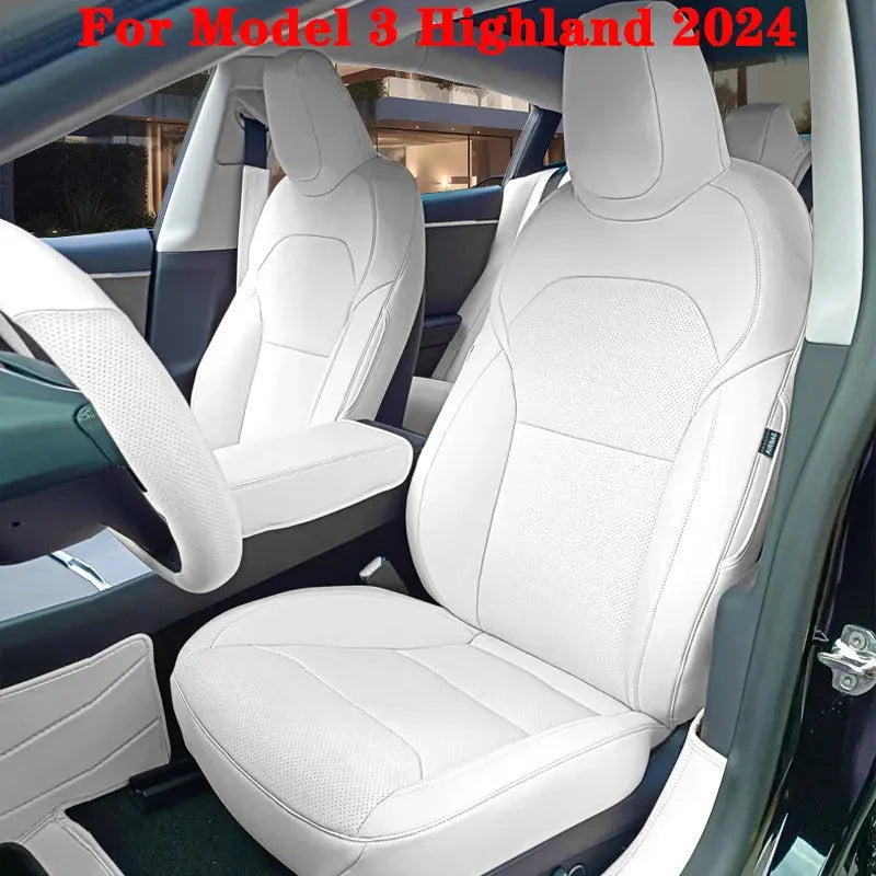 Jungle Line Nappa leather seat covers for Tesla Model 3 Highland 2024, white color, fitted on car seats.