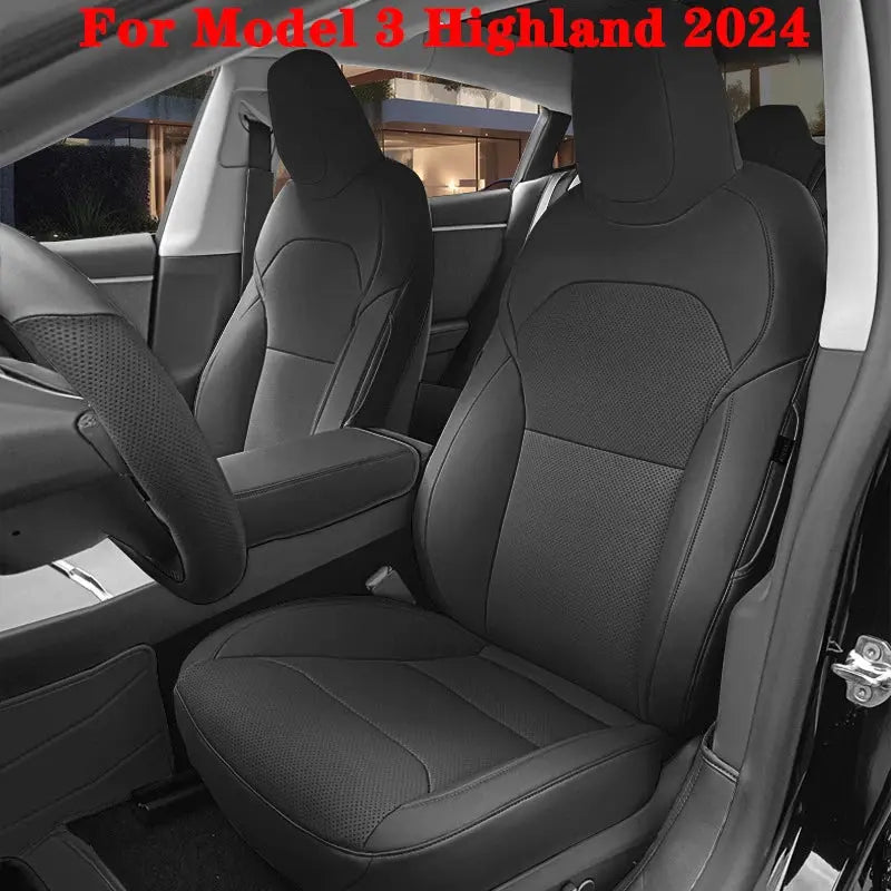 Jungle Line white Nappa leather seat covers for Tesla Model 3 Highland 2024, showing the sleek, fitted car seat protection.