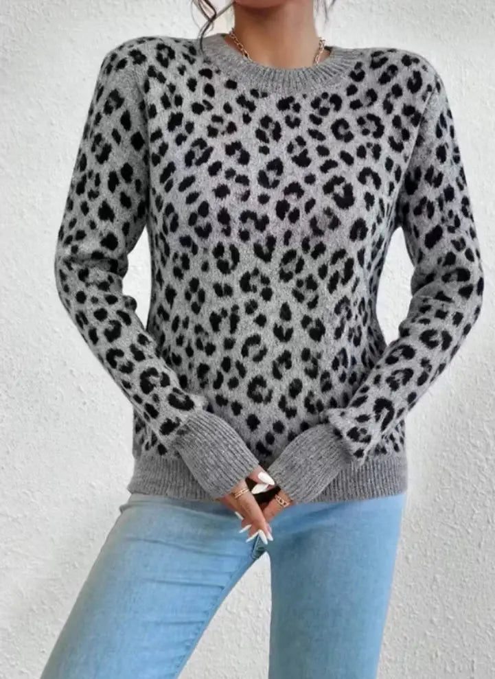 Ladies Elegant Versatile Leopard Print Warm Knitwear Spring Autumn Comfortable Knitted Sweater Suitable for Denim Jeans - Jungle Line