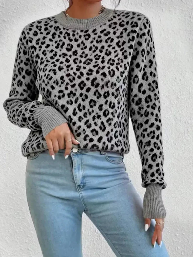 Ladies Elegant Versatile Leopard Print Warm Knitwear Spring Autumn Comfortable Knitted Sweater Suitable for Denim Jeans - Jungle Line