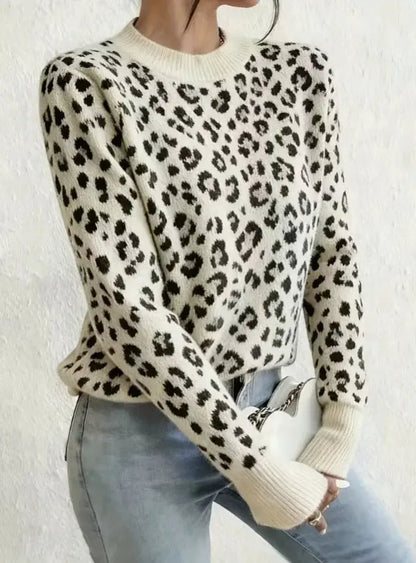 Ladies Elegant Versatile Leopard Print Warm Knitwear Spring Autumn Comfortable Knitted Sweater Suitable for Denim Jeans - Jungle Line