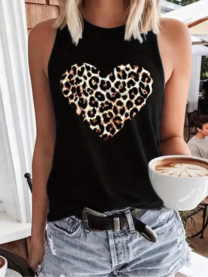 Leopard Heart  Design Printed Vest T-shirt Graphic Print Tank Top Women’s Sleeveless Crew Neck Casual Top for Summer Spring - Jungle Line