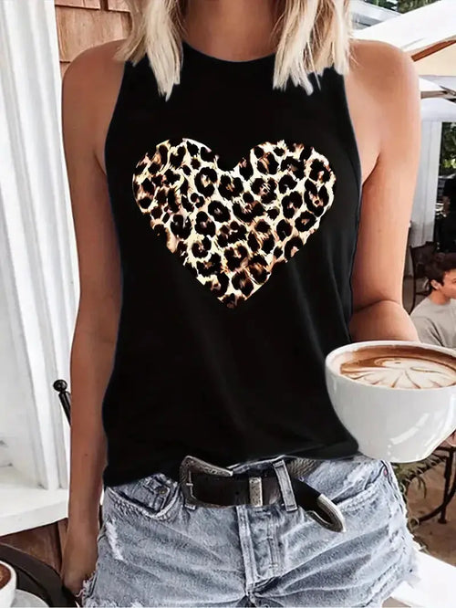 Leopard Heart  Design Printed Vest T-shirt Graphic Print Tank Top Women’s Sleeveless Crew Neck Casual Top for Summer Spring - Jungle Line