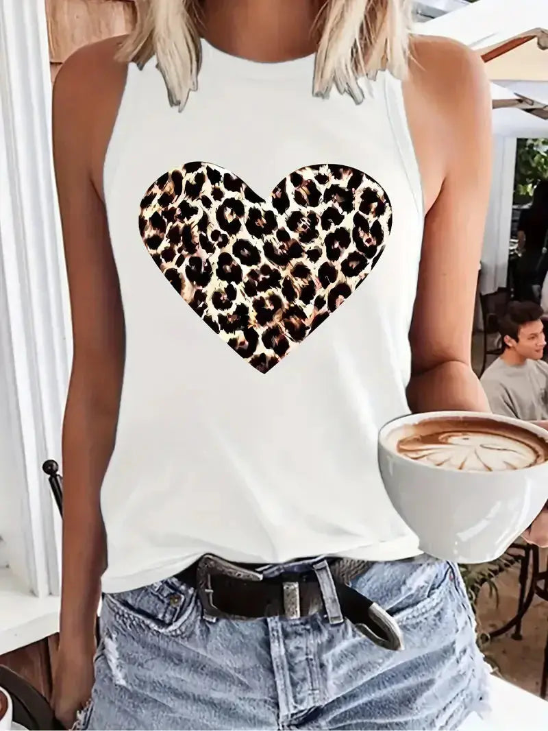 Leopard Heart  Design Printed Vest T-shirt Graphic Print Tank Top Women’s Sleeveless Crew Neck Casual Top for Summer Spring - Jungle Line