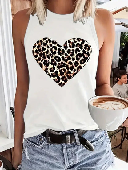 Leopard Heart  Design Printed Vest T-shirt Graphic Print Tank Top Women’s Sleeveless Crew Neck Casual Top for Summer Spring - Jungle Line