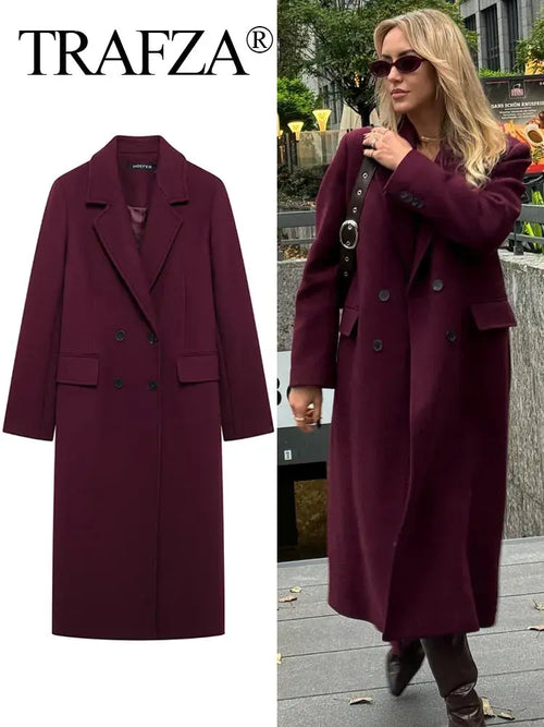 Jungle Line burgundy woolen coat for women, double-breasted with lapel, long sleeves, stylish autumn winter outerwear