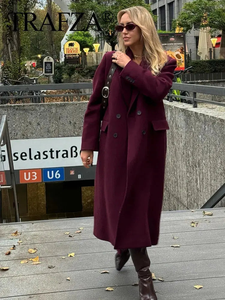 Jungle Line women's burgundy woolen coat with double-breasted design, long sleeves, lapel collar, suitable for autumn and winter.