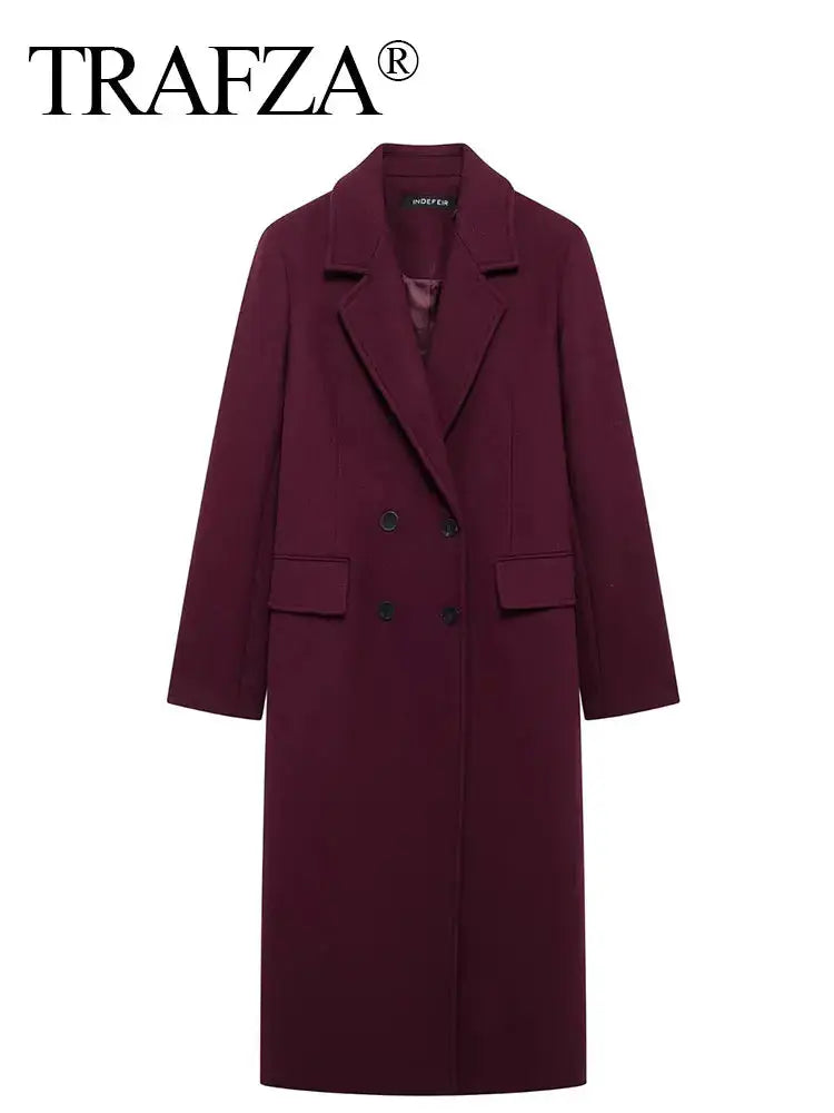 Jungle Line burgundy woolen women's coat with double-breasted design, long sleeves, lapel collar, suitable for autumn winter outerwear.