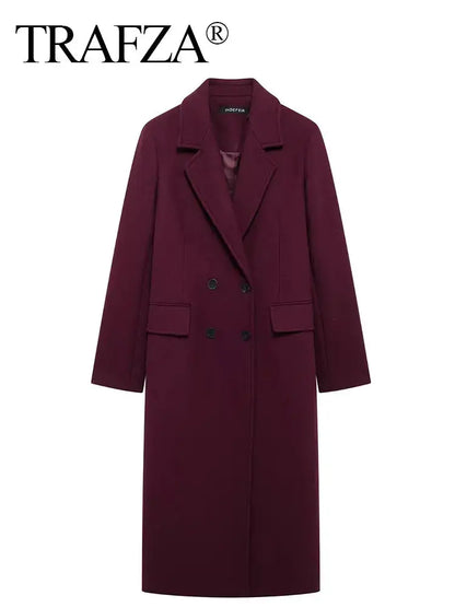 Jungle Line burgundy woolen women's coat with double-breasted design, long sleeves, lapel collar, suitable for autumn winter outerwear.
