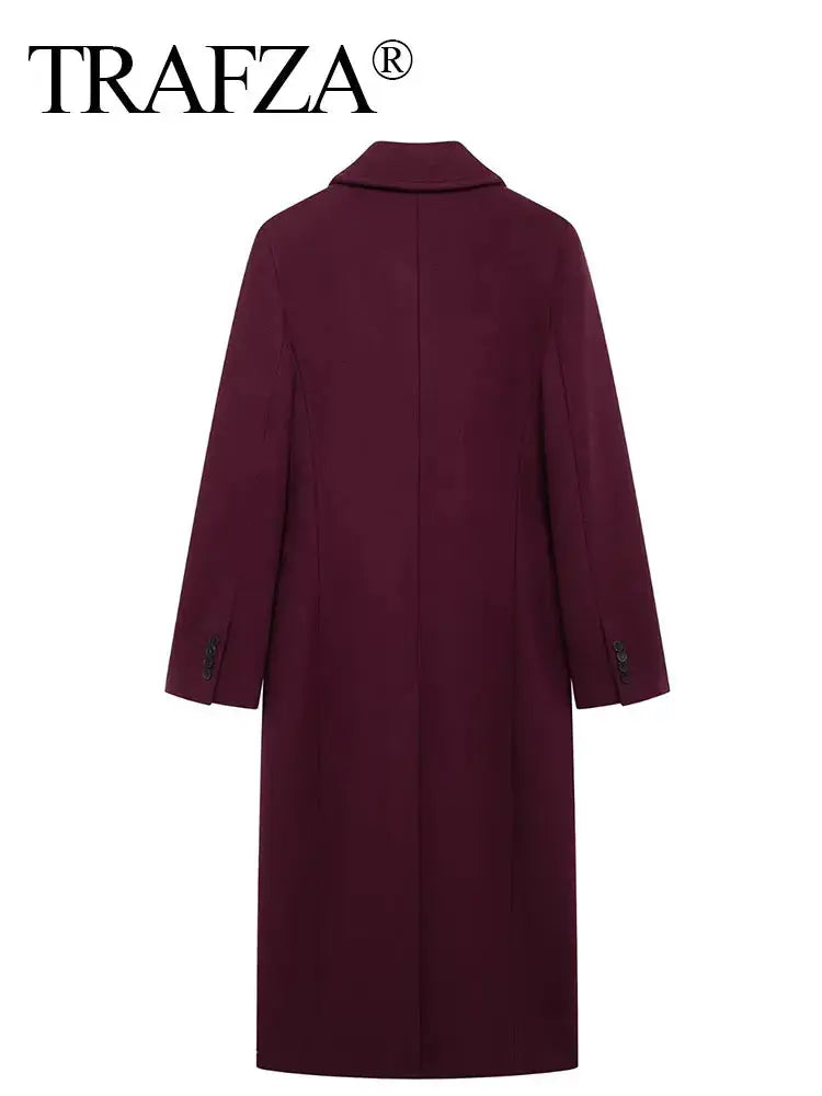 Jungle Line women's burgundy woolen coat with double-breasted design, lapel collar, long sleeves, suitable for autumn and winter.
