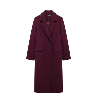 Jungle Line burgundy woolen double-breasted women's coat with lapel, long sleeves, suitable for autumn and winter outerwear.