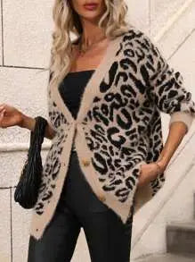 Cardigan Motif Léopard Épaule Tombante - Ourlet Duveteux JUNGLE LINE