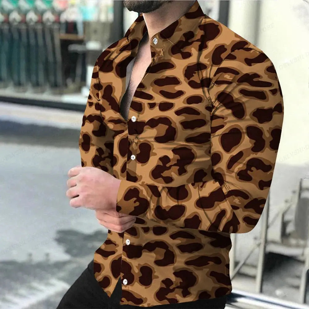 Chemise homme Jungle Line à manches longues avec motif léopard Hawaii, style tendance et décontracté.