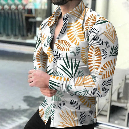 Chemise hawaïenne pour hommes Jungle Line à motifs léopard, manches longues, style tendance et décontracté.