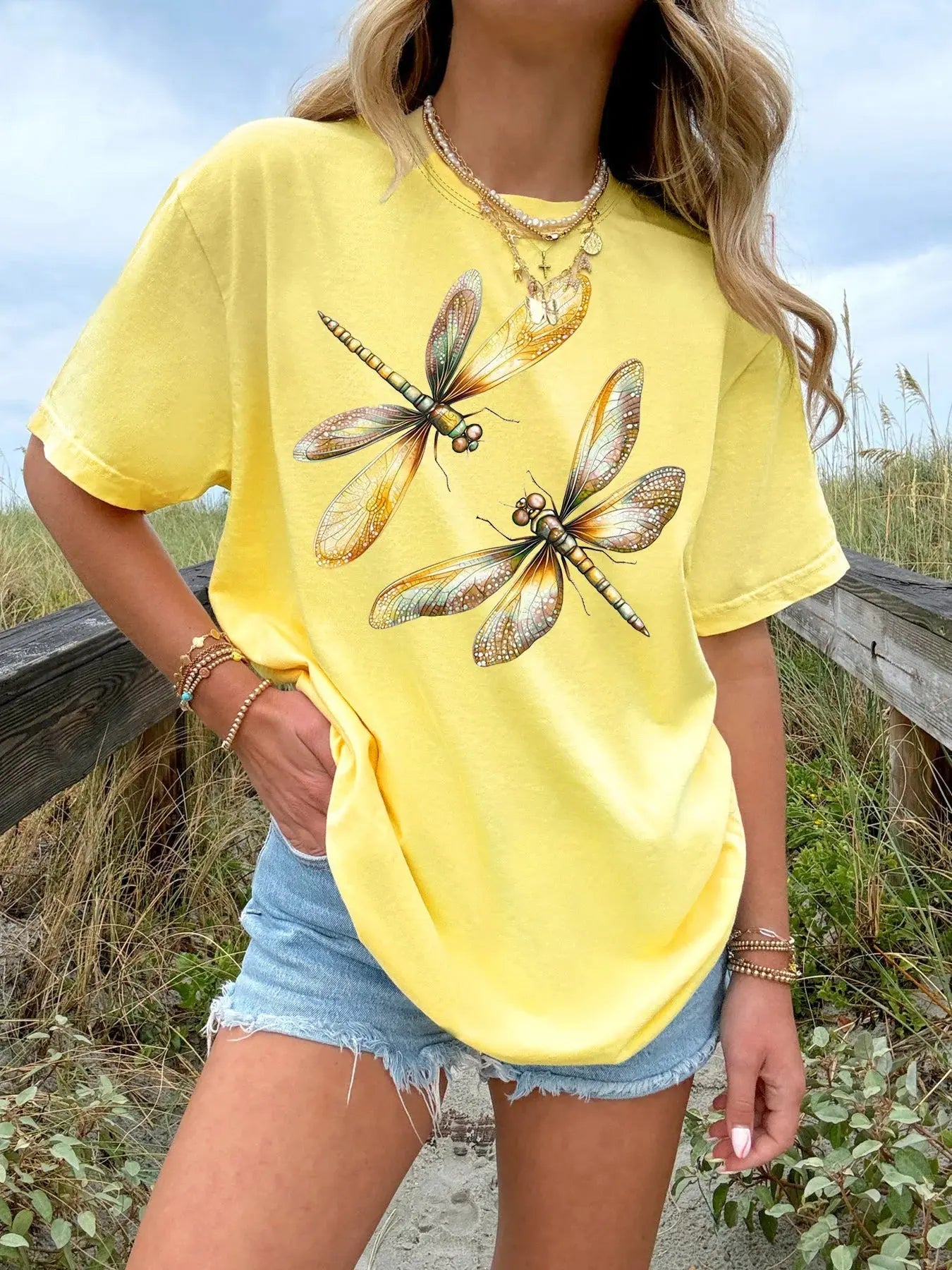 Yellow plus size women's T-shirt by Jungle Line featuring a stylish summer original fashion design on a casual fit.
