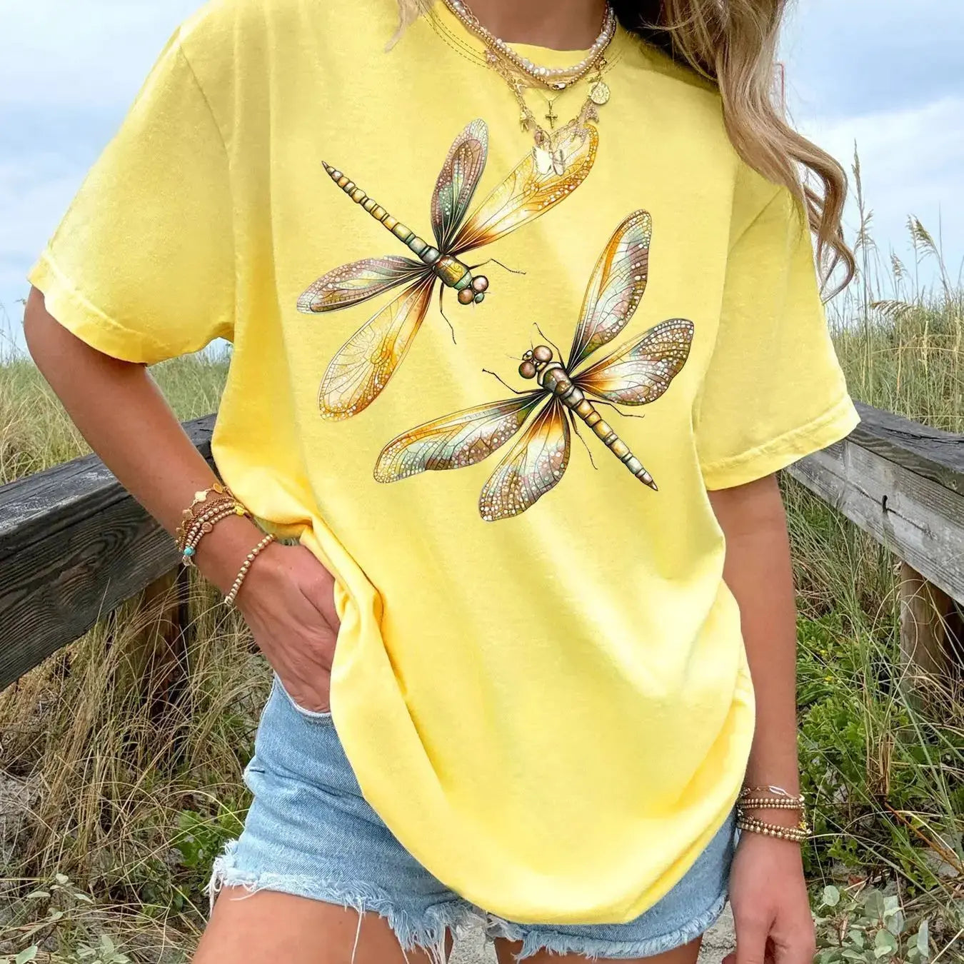 Yellow plus size women's T-shirt from Jungle Line featuring a fashionable original summer design, casual and comfortable style.