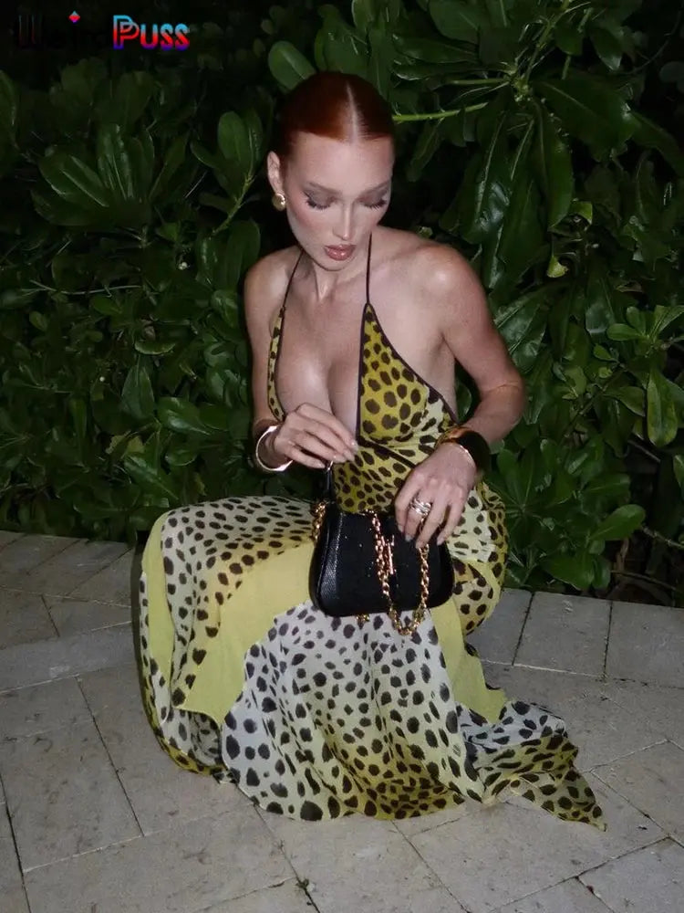 Jungle Line women's yellow leopard-print halter dress with backless chiffon, irregular hem, and patchwork design, stylish and trendy.