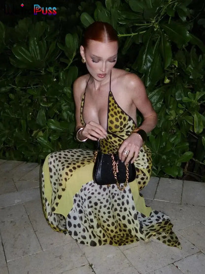 Jungle Line women's yellow leopard-print halter dress with backless chiffon, irregular hem, and patchwork design, stylish and trendy.