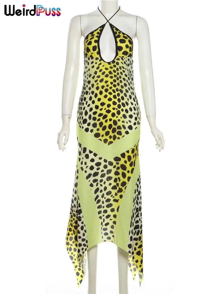 Jungle Line yellow leopard-print halter dress for women, backless chiffon, irregular hem, trendy patchwork, sexy bodycon style.