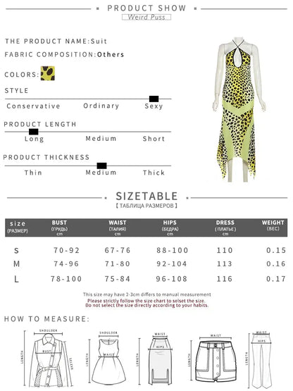 Jungle Line yellow leopard-print halter dress for women, backless chiffon bodycon with irregular hem and patchwork design, stylish and sexy.
