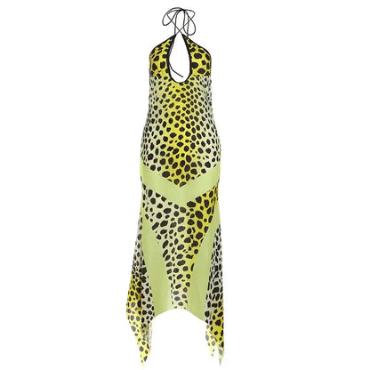 Jungle Line yellow leopard-print halter dress for women, backless chiffon, irregular hem, trendy patchwork, bodycon fit, summer chic.