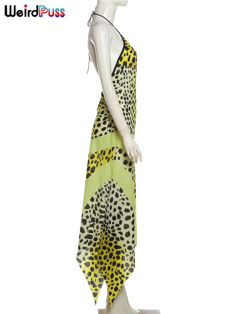 Jungle Line yellow leopard-print halter dress for women, backless chiffon patchwork, irregular hem, two-way wear, sexy and chic.