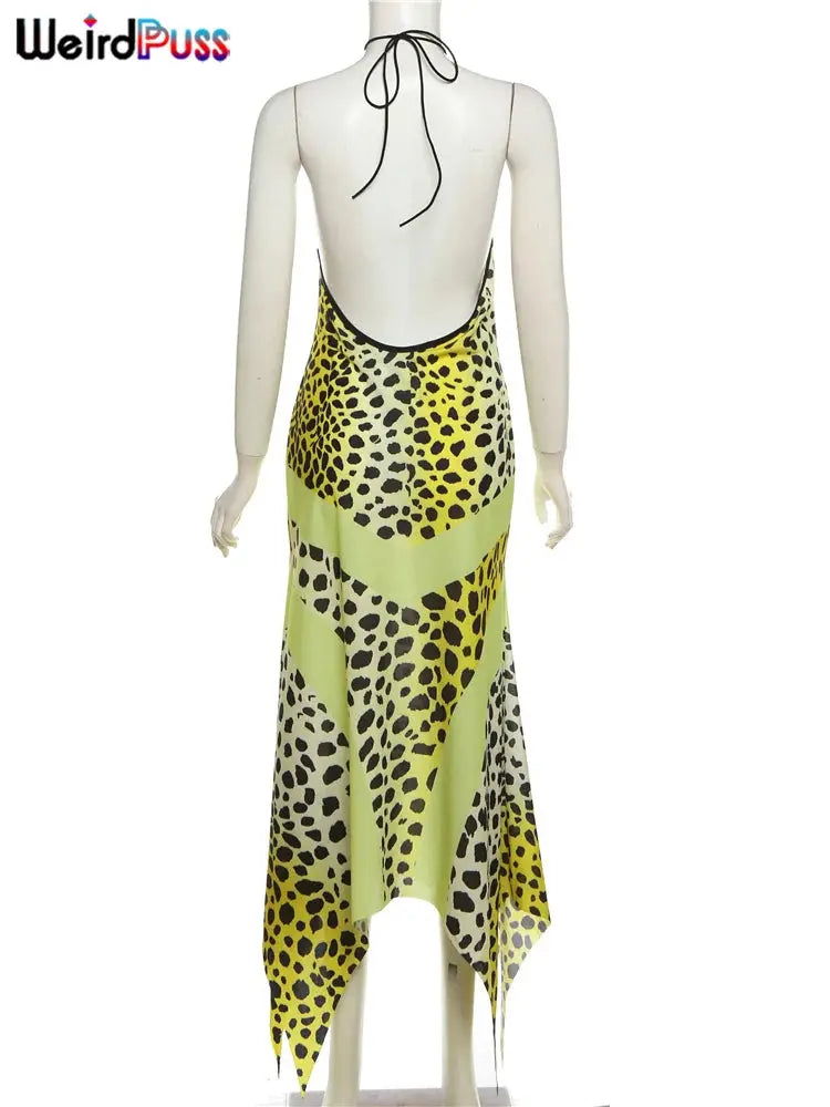 Jungle Line yellow leopard-print halter dress for women, backless chiffon with irregular hem, trendy patchwork, two-way wear, sexy bodycon style.