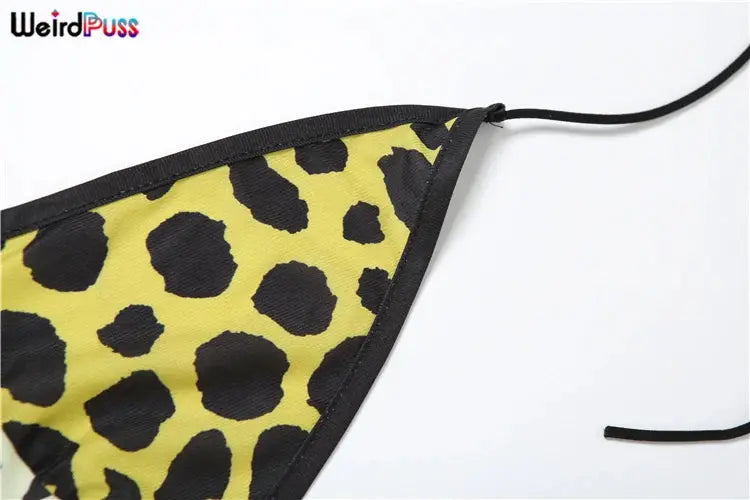 Jungle Line women's yellow leopard-print halter dress with backless chiffon design, irregular hem, and trendy two-way wear.