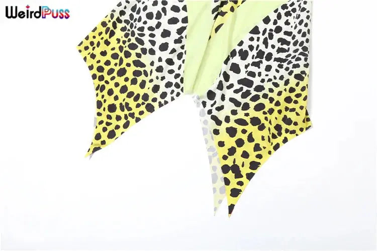 Yellow leopard-print halter dress by Jungle Line, backless chiffon, irregular hem, two-way wear, sexy chic summer bodycon dress.