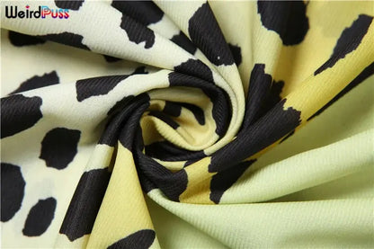 Jungle Line yellow leopard-print halter dress for women, backless chiffon with patchwork, summer chic bodycon style, two-way wear
