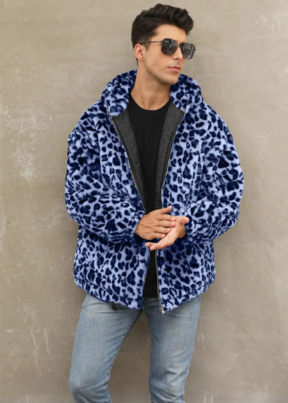 Manteau homme Jungle Line avec motif léopard, à capuche, fermeture éclair, fourrure synthétique, style décontracté et tendance hiver.