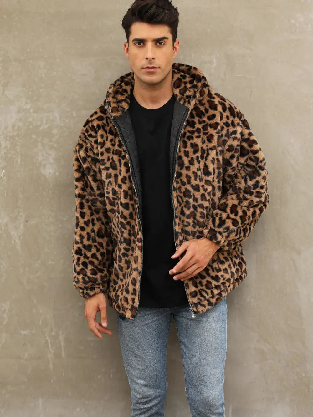 Manteau homme Jungle Line à capuche zippée, motif léopard jaune, fourrure synthétique, style décontracté, tendance automne-hiver.